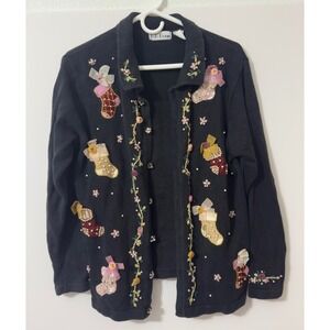 B.P. Design Christmas Cardigan Women M Black Stocking Embroidered Holiday Retro